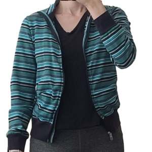 Chevignon Striped Blue, Green, and Black Women's Jacket Vintage Zipped Sweater S
